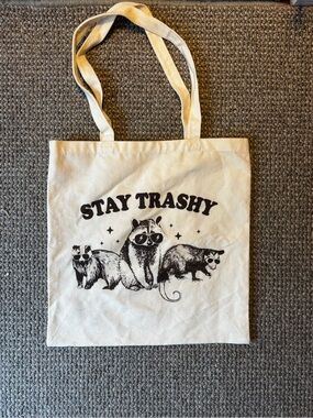 White Canvas Tote Bag with 'Stay Trashy' Raccoon Graphic